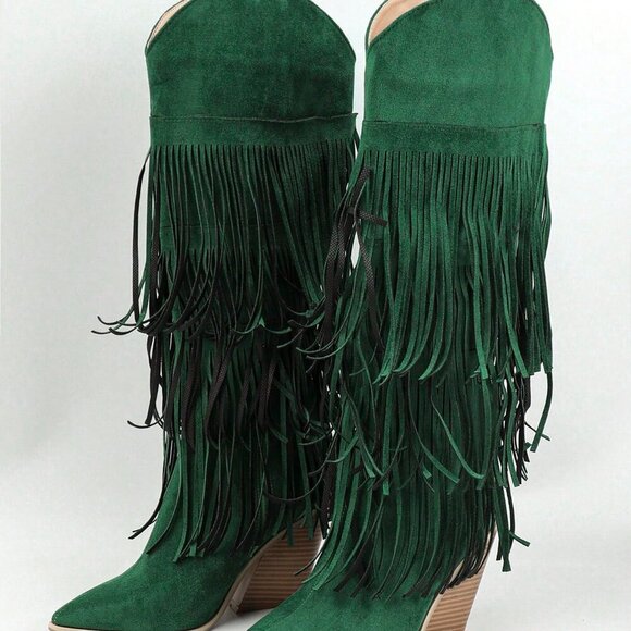 Green Western Women's Knee-High Faux Suede Cowboy Boots - Picture 6 of 7